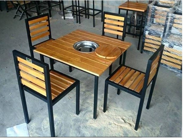 Dining Table and Chair Set with Wooden Top & Metal Frame – Hotpot & BBQ Restaurant Furniture