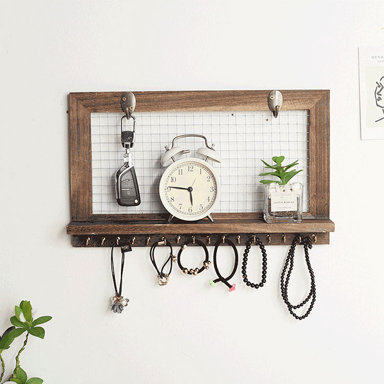 Wooden Wall Mounted Shelf with Key Hooks – Rustic Organizer Rack for Keys, Jewelry, Small Items & Home Decor